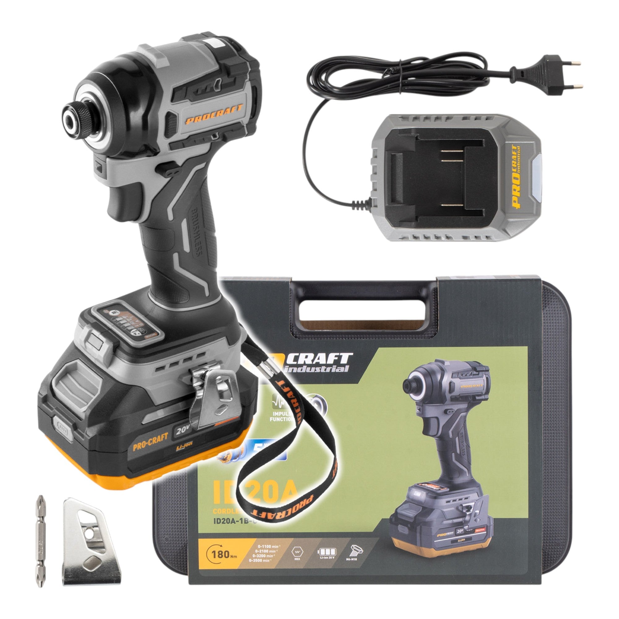 Procraft Industrial ID20A-1b Akku Schlagschrauber 20 V 180 Nm 1/4" + 1x Akku 4,0 Ah + Ladegerät + Koffer