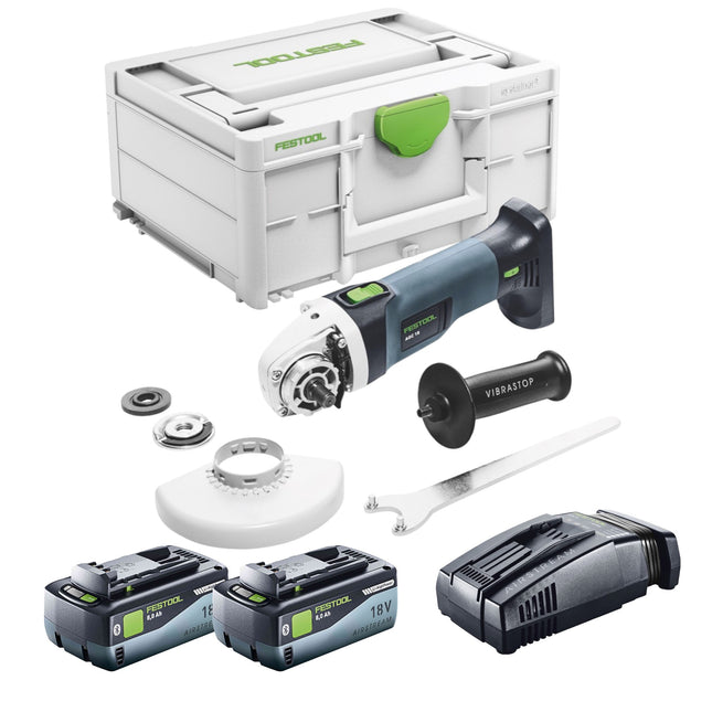 Festool AGC 18-125 Basic akumulatorowa szlifierka kątowa 18 V 125 mm bezszczotkowa + 2x akumulator 8,0 Ah + szybka ładowarka + systainer