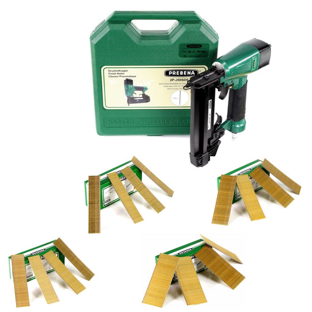 Prebena 2P-J50SDS Luftdruck Druckluftnagler 5-7 bar im Transportkoffer + Stauchkopfnägel Brads - 25 mm 5000 Stück + 30mm 5000 Stück + 40 mm 5000 Stück + 50 mm 4000 Stück - Toolbrothers