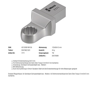 Klucz płasko-oczkowy Wera 7771 ( 8000377411 ) Szerokość między płaskownikami 8 mm 9 x 12 mm