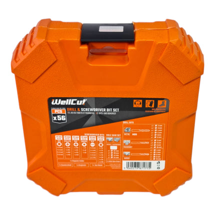 WellCut 56-częściowy zestaw bitów i wierteł ( WC-DB56 ) PH / PZ / HEX / Schiltz / TX / Robertson wiertło do metalu / drewna / kamienia + otwornica 32 - 54 mm