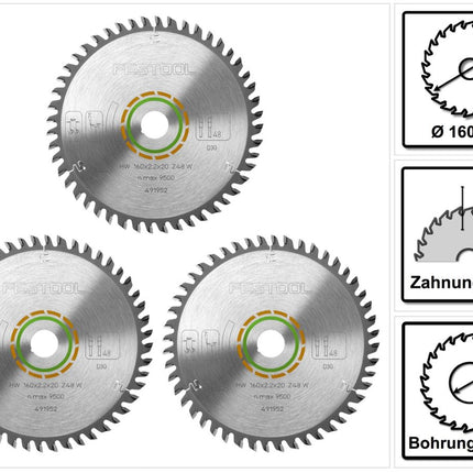 Festool Feinzahn Kreissägeblatt HW 160 x 20 x 2,2 mm W48 160 mm 48 Zähne ( 3 x 491952 ) - Toolbrothers
