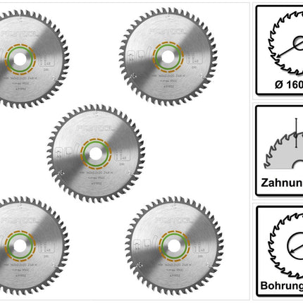 Festool Feinzahn Kreissägeblatt HW 160 x 20 x 2,2 mm W48 160 mm 48 Zähne ( 5 x 491952 ) - Toolbrothers
