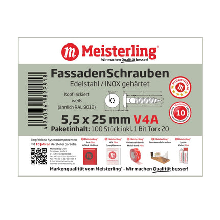 Meisterling Fassadenschrauben 5,5x25 mm 100 Stück ( 010030000001 ) 12 mm Flachkopf weiß mit Torx Teilgewinde V4A Edelstahl