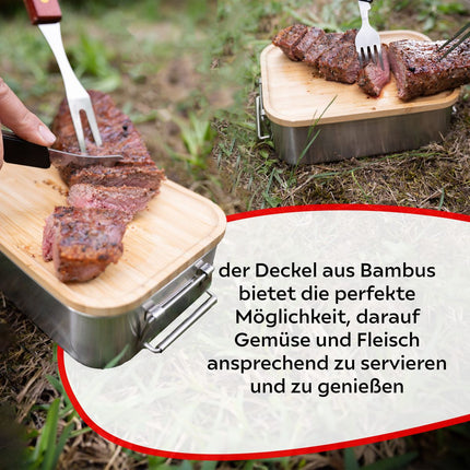 Torba na lunch ze stali nierdzewnej z 2-poziomową bambusową pokrywką o pojemności 1340 ml + butelka ze stali nierdzewnej o pojemności 600 ml + wielofunkcyjne sztućce 4 w 1