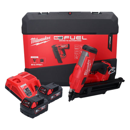 Milwaukee M18 FFN21-502C gwoździarka akumulatorowa 18 V 50 - 90 mm bezszczotkowa + 2x akumulator 5,0 Ah + ładowarka + walizka